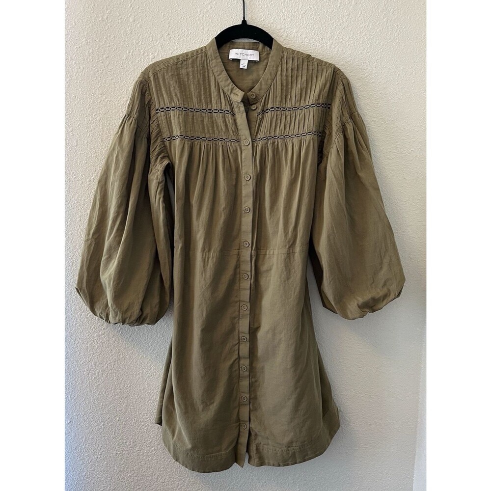 Witchery Dress Womens 4 Olive Green Pintuck Balloon Sleeve Button A-Line Tie